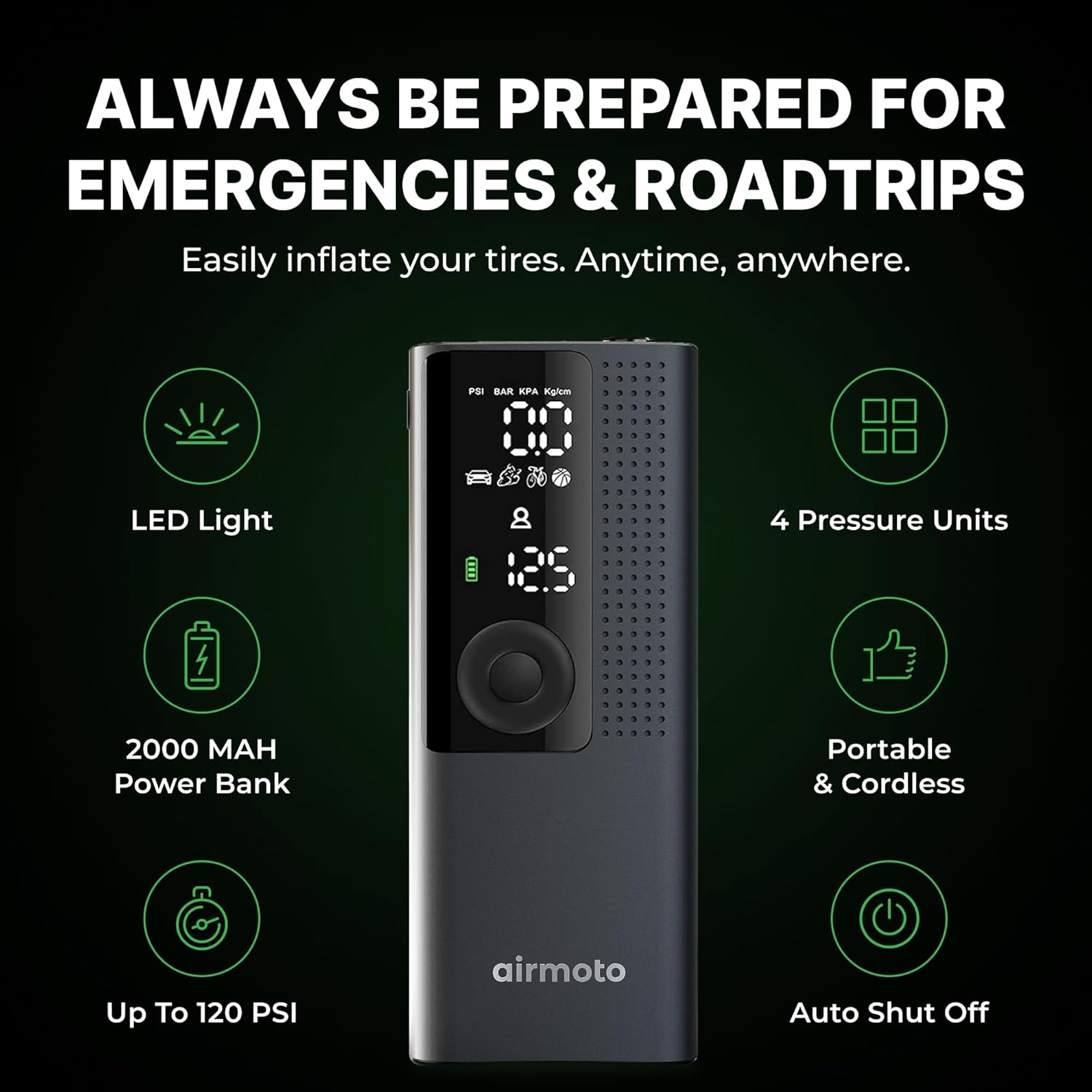 Airmoto Tire Inflator Portable Air Compressor - Air Pump For Car Tires with Digital Pressure Gauge, LED Light and Auto Shut-Off Function - Cordless Pump for Car, Motorcycle, Bicycle, Ball