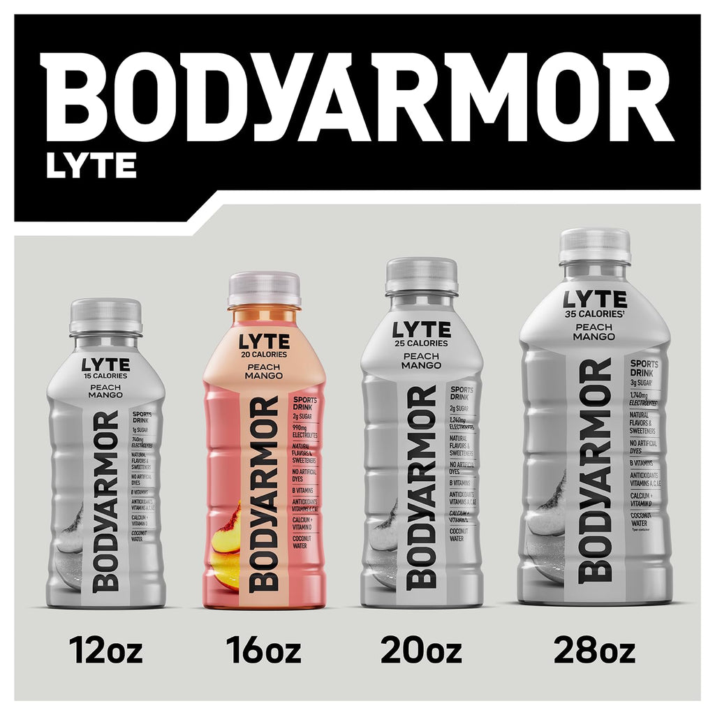 BODYARMOR LYTE, Peach Mango, Electrolyte Drink, 20 Calories, 16 Fl Oz Bottles (12 Pack), Coconut Water Sports Drink, Natural Flavor & B Vitamins