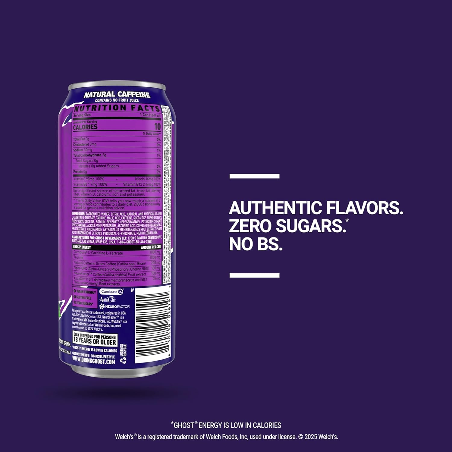 GHOST Energy Drink - 12-Pack, Welch's Grape, 16oz Cans - Energy & Focus & No Artificial Colors - 200mg of Natural Caffeine, L-Carnitine & Taurine - Gluten-Free & Vegan