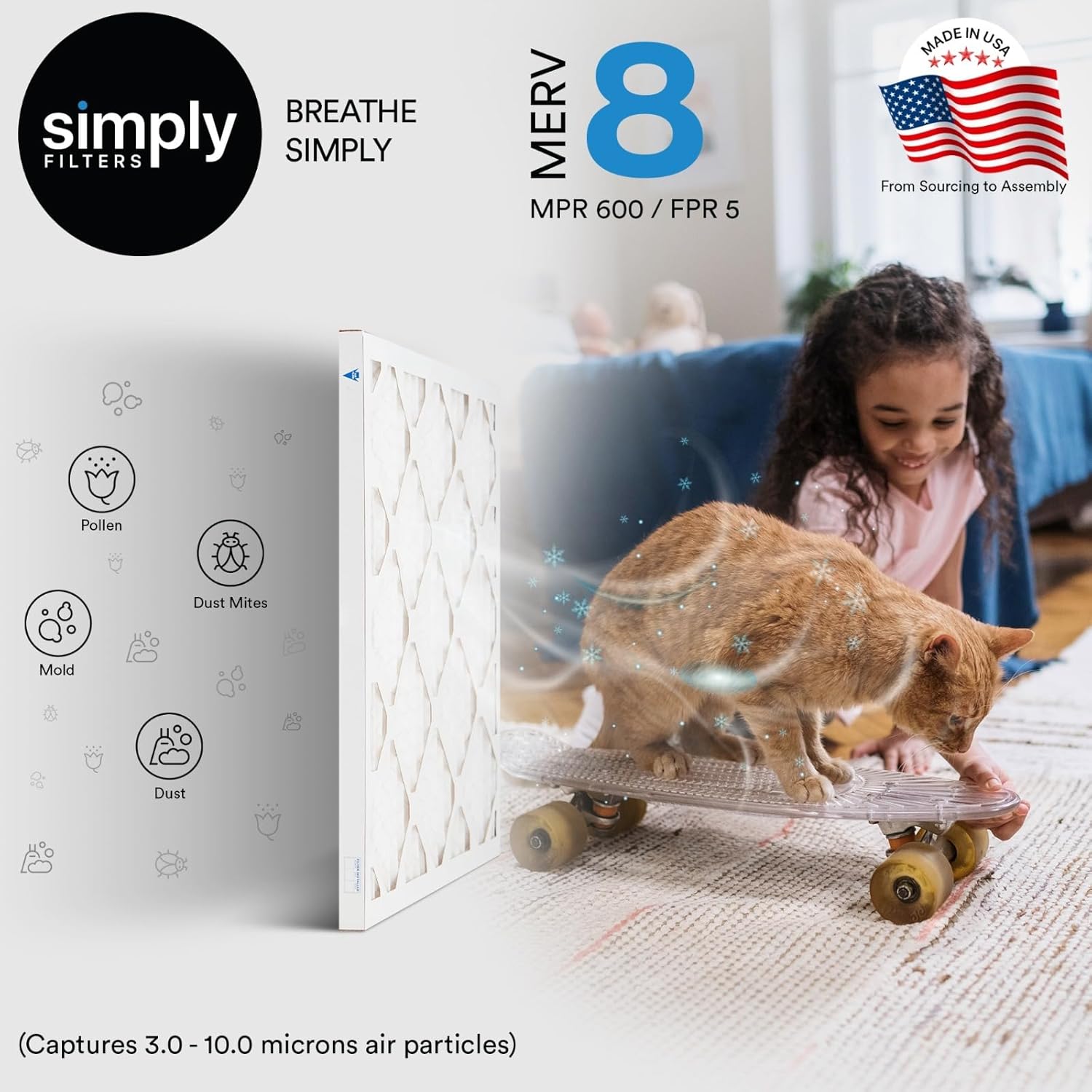 Simply 20x20x1 Air Filter, Merv 8, MPR 600, 6 Pack, Furnace Air Filter for HVAC (Actual Size: 19.75"x19.75"x0.75") DUST, Pet, & Allergy Control