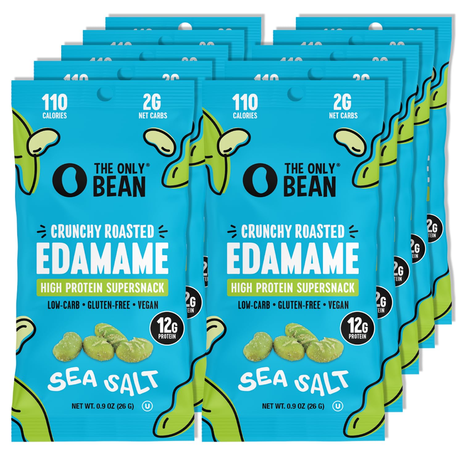 The Only Bean Crunchy Dry Roasted Edamame Snacks (Sea Salt), Healthy High Protein(11g) Keto Food, Low Carb Gluten Free Office Vegan Food 100 Calorie Snack Pack, 0.9oz 10 Pack