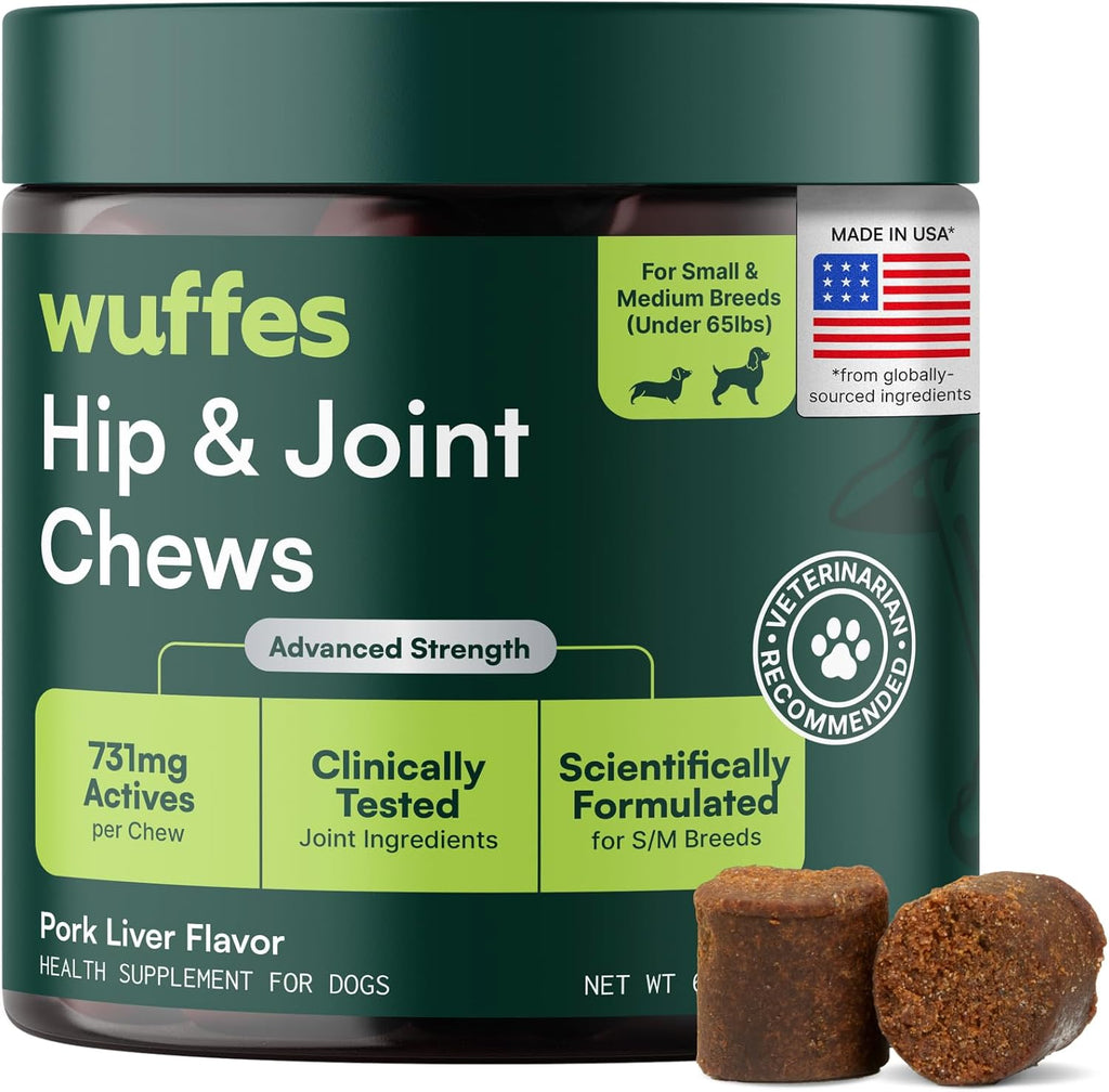 Wuffes Advanced Dog Hip and Joint Supplement with Glucosamine, Chondroitin, Omega 3, MSM, and Green Lipped Mussel, 60 Pork Flavored Chews for Small and Medium Dog Breeds