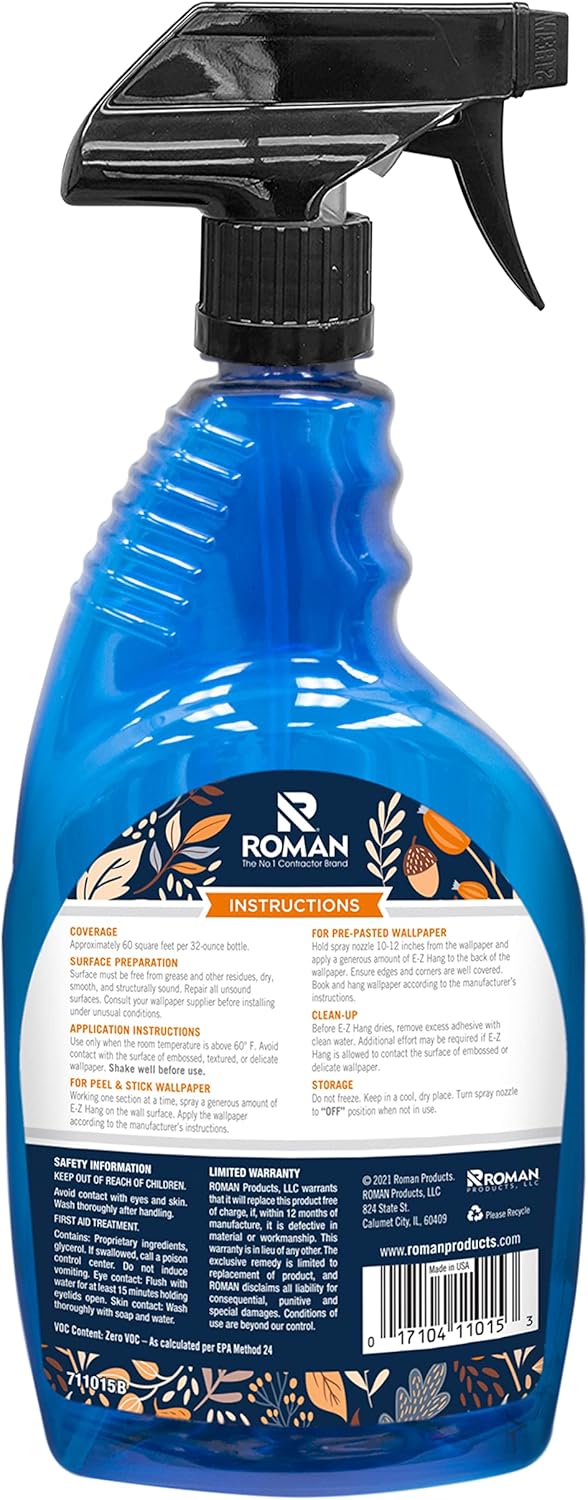 Roman’s E-Z Hang Peel & Stick Wallpaper Helper, Clear, Non-Staining, 32 Fluid Ounces