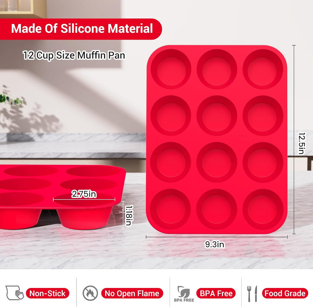 Redfly 2 Pack Silicone Muffin Pans for Baking & Cupcake Pan - 12 Cup Regular Size Silicone Molds, BPA Free Egg Bites Mold