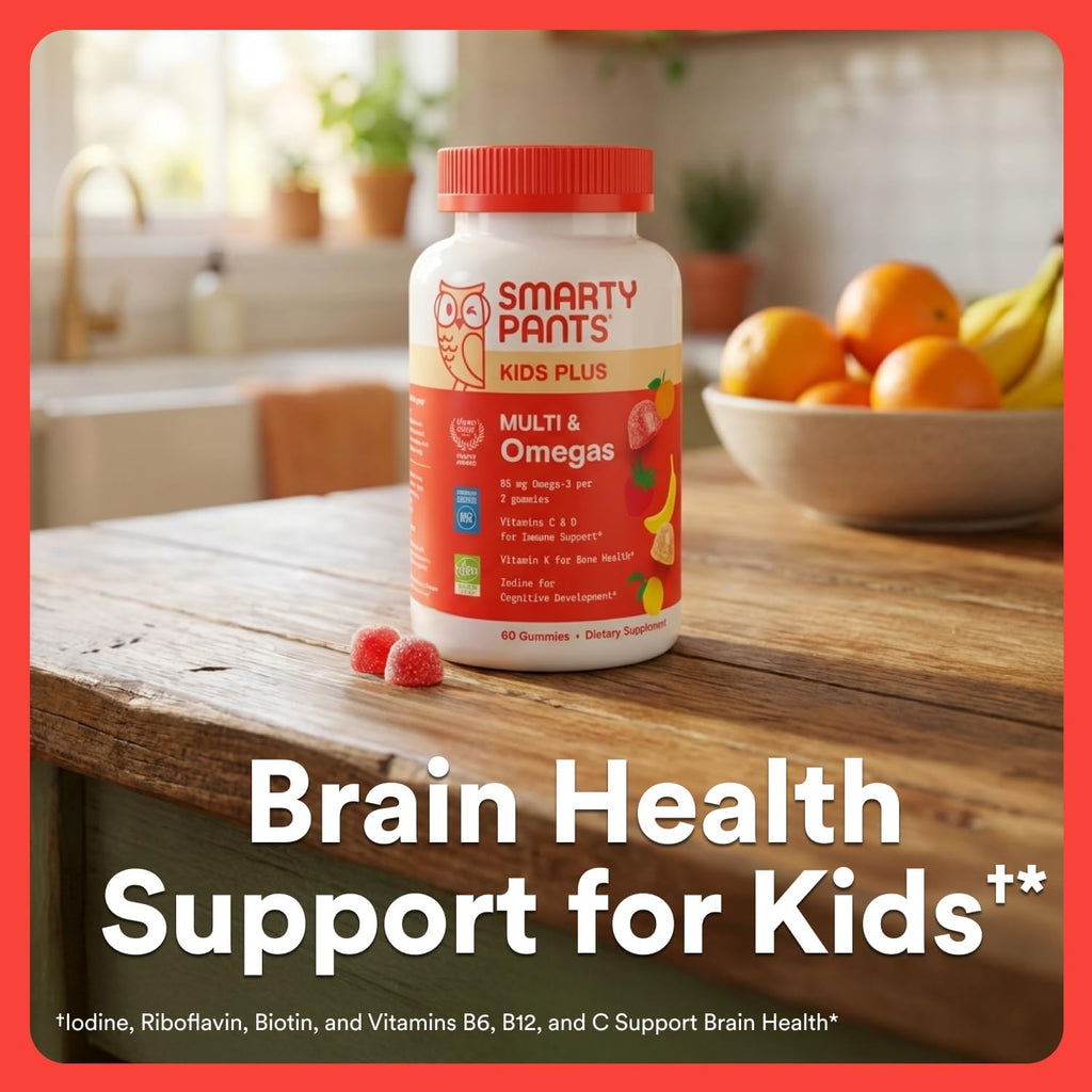 SmartyPants Kids Multivitamin Gummies with Omega 3 DHA/EPA, Vitamins D3, C, B12, B6, A, K, and Zinc, Gluten Free, Clean Label, Three Fruit Flavors, 60 Gummies (30 Day Supply)