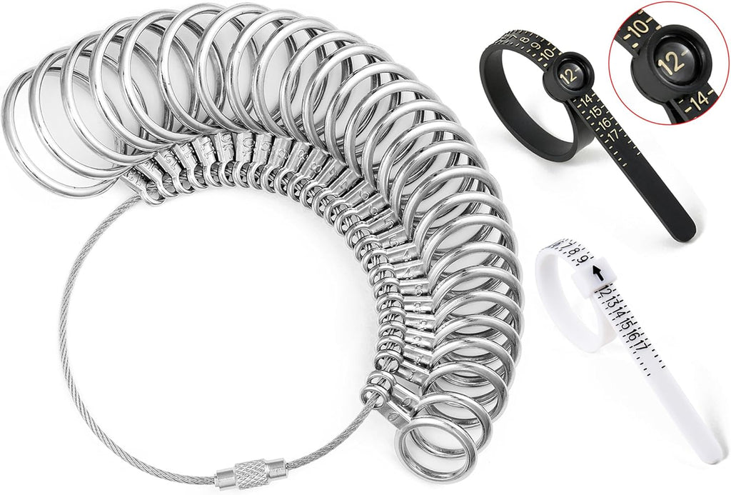 Bflaae Ring Sizer Measuring Tool Kit, 27 PCS Stainless Steel Measuring Ring Tool, US Ring Size 0-13 with Half Size, 2 PCS Reusable Finger Size Tape with Magnified Glass 1-17 USA Rings Size