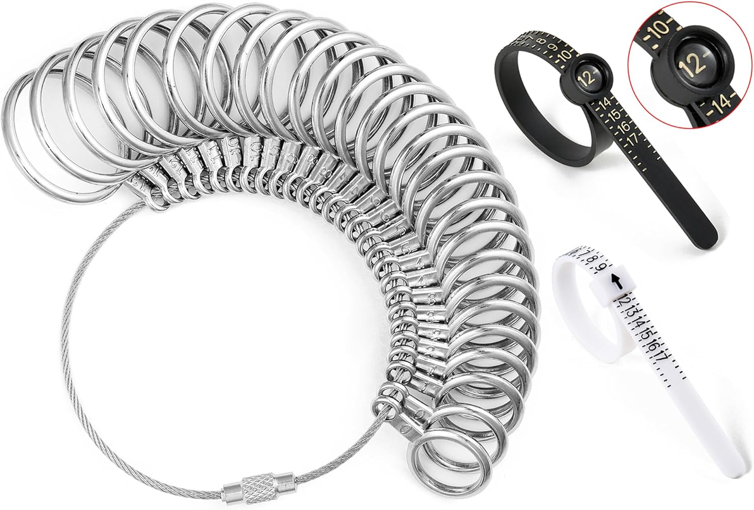 Bflaae Ring Sizer Measuring Tool Kit, 27 PCS Stainless Steel Measuring Ring Tool, US Ring Size 0-13 with Half Size, 2 PCS Reusable Finger Size Tape with Magnified Glass 1-17 USA Rings Size
