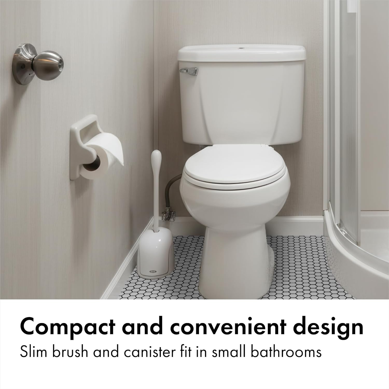 OXO Good Grips Compact Toilet Brush & Canister, Toilet Bowl Brush and Holder with Automatic Canister Door, Bathroom and Small Spaces Cleaning Supplies Essential