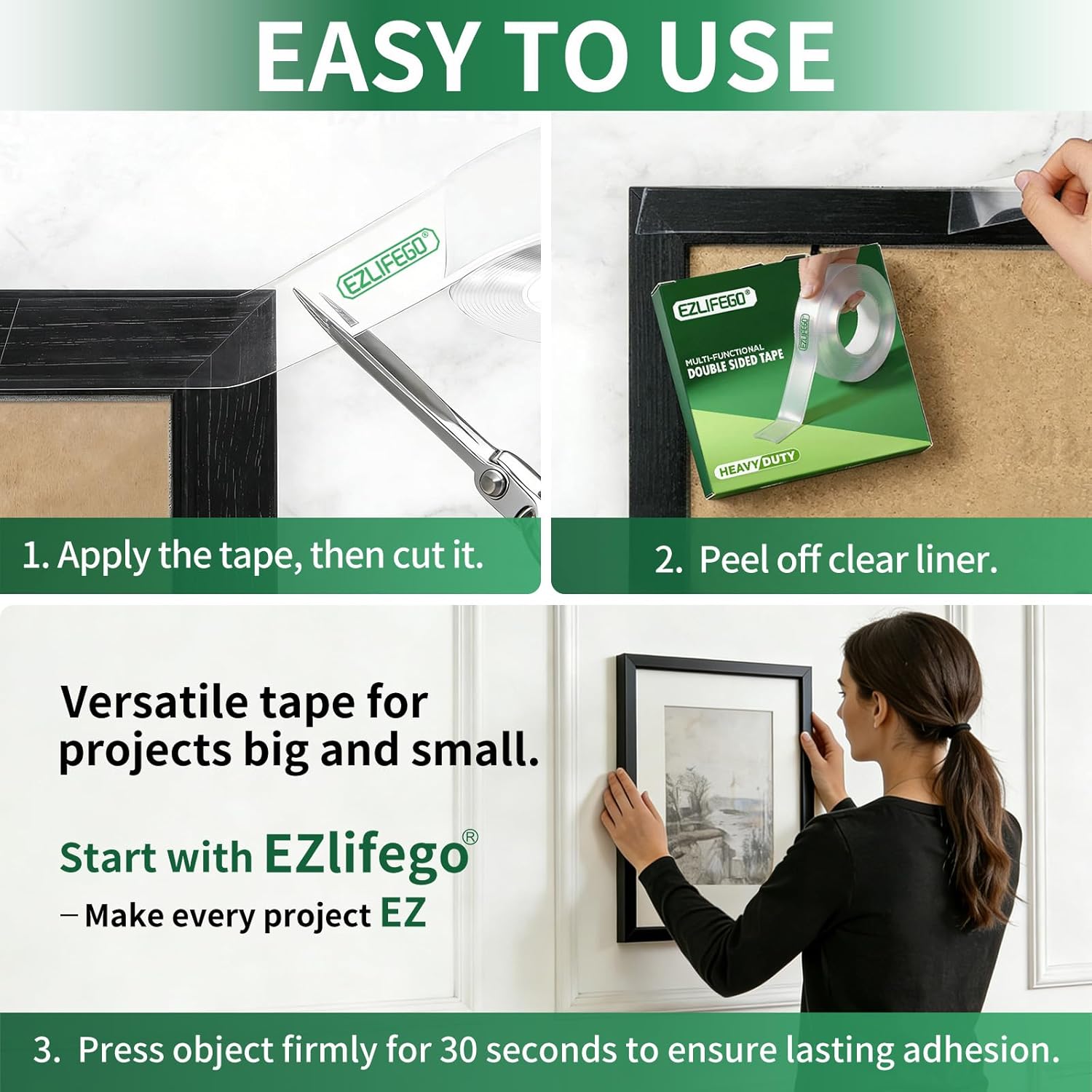 EZlifego Double Sided Tape Heavy Duty, Nano Double Sided Adhesive Tape, Clear Mounting Tape Picture Hanging Adhesive Strips (9.85FT)