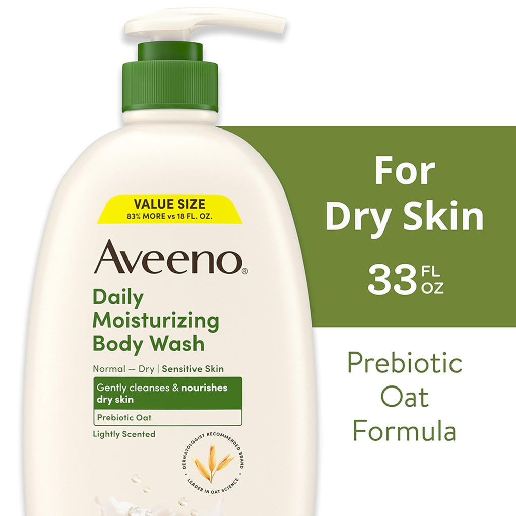 Aveeno Daily Moisturizing Body Wash for Dry & Sensitive Skin + Prebiotic Oat, Body Wash Gently Cleanses & Nourishes Dry Skin, Lightly Scented, Value Size, 33 fl. oz