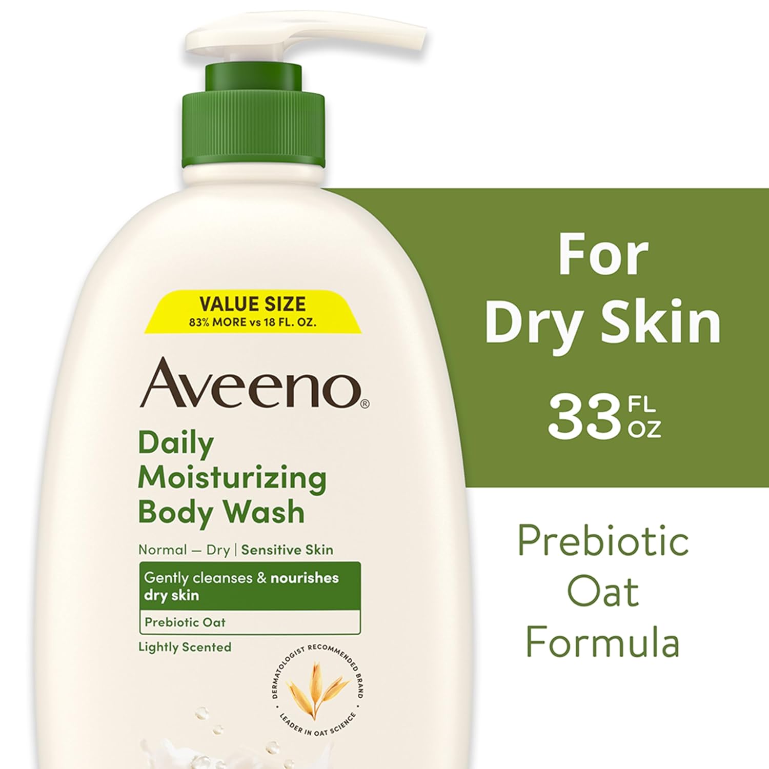 Aveeno Daily Moisturizing Body Wash for Dry & Sensitive Skin + Prebiotic Oat, Body Wash Gently Cleanses & Nourishes Dry Skin, Lightly Scented, Value Size, 33 fl. oz