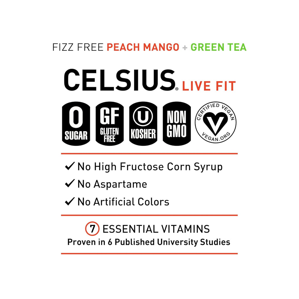 CELSIUS Fizz Free Peach Mango Green Tea, Sugar Free Energy Drink, 12 Fl Oz (Pack of 12)