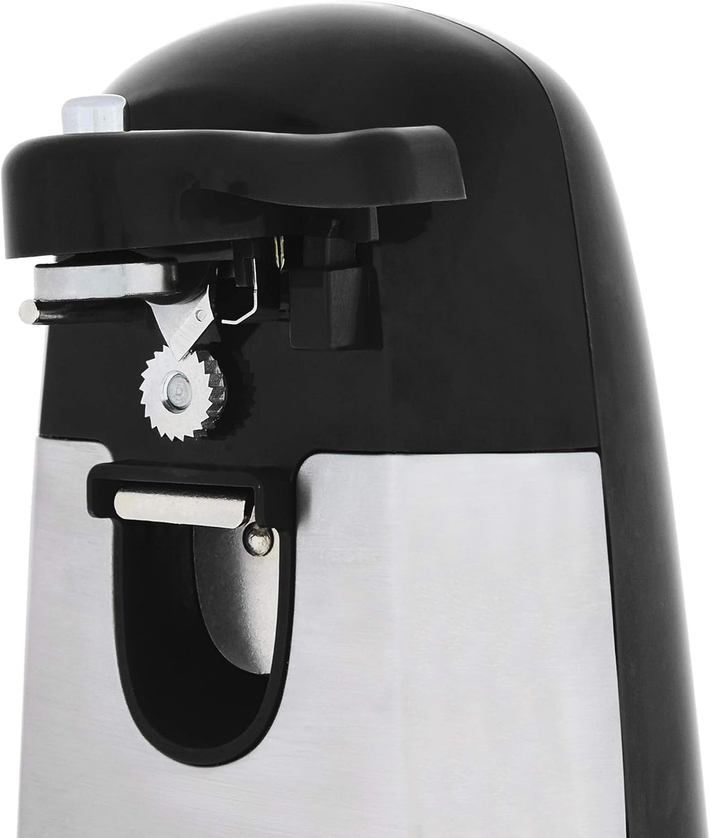 Amazon Basics 3-In-1 Electric Can Opener, Bottle Opener and Knife Sharpener with Stainless Steel Blade, Magnetic Lid Holder, Safe, Easy to Use, Powerful, Sleek Design, 50W, Black