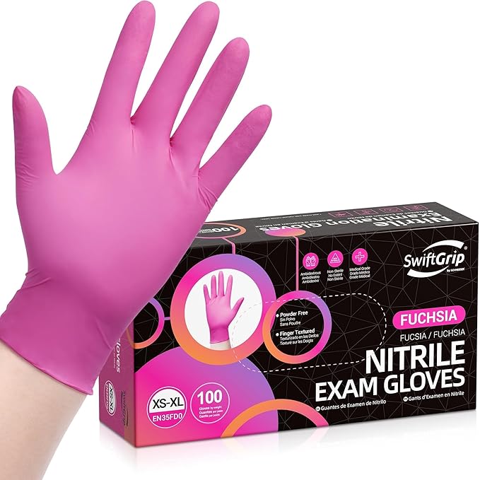 SwiftGrip Powder-Free Nitrile Gloves, 3-mil, Disposable Nitrile Gloves, Latex-Free, Powder-Free - Pink/Fuchsia