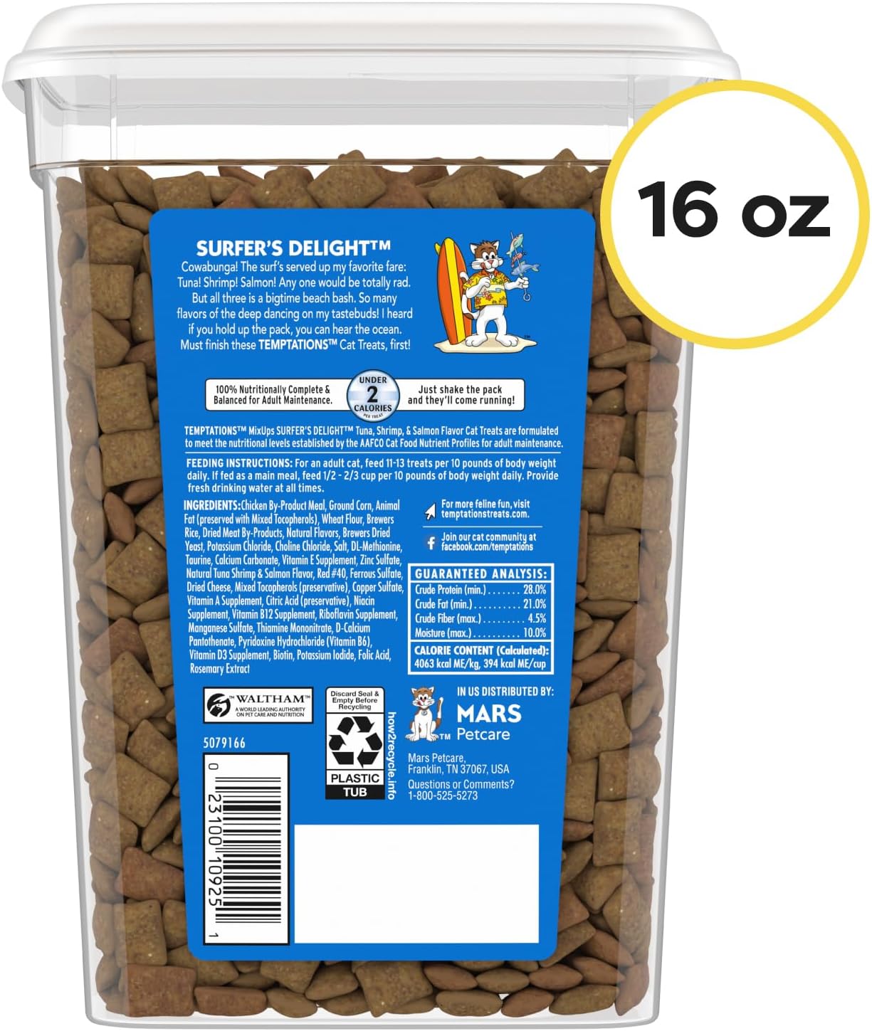 Temptations Cat Treats MixUps Surfer's Delight, Tuna, Shrimp, Salmon Flavor, Crunchy and Soft Cat Treats, 16 oz. Tub