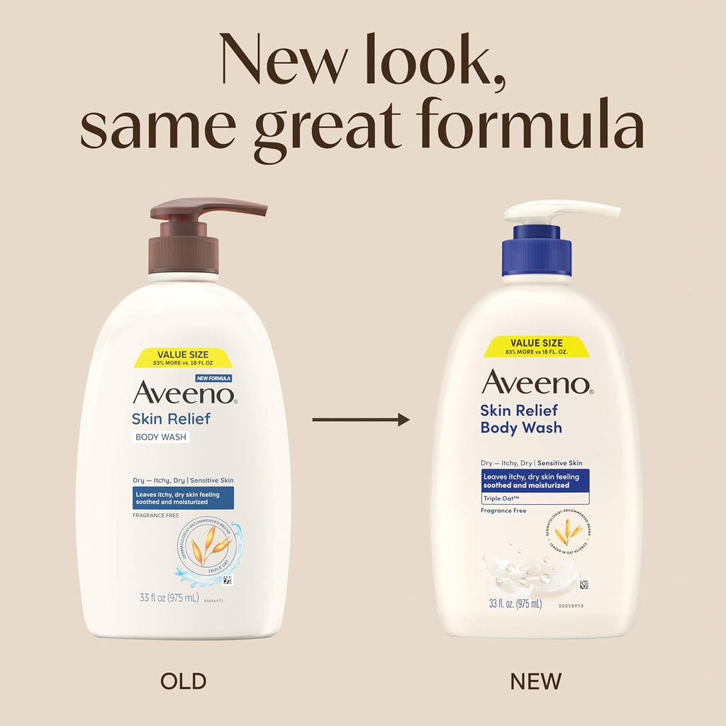 Aveeno Skin Relief Fragrance-Free Body Wash with Triple Oat® Complex, Gentle Daily Cleanser for Sensitive Skin Leaves Itchy, Dry Skin Feeling Soothed & Moisturized, 33 fl. oz