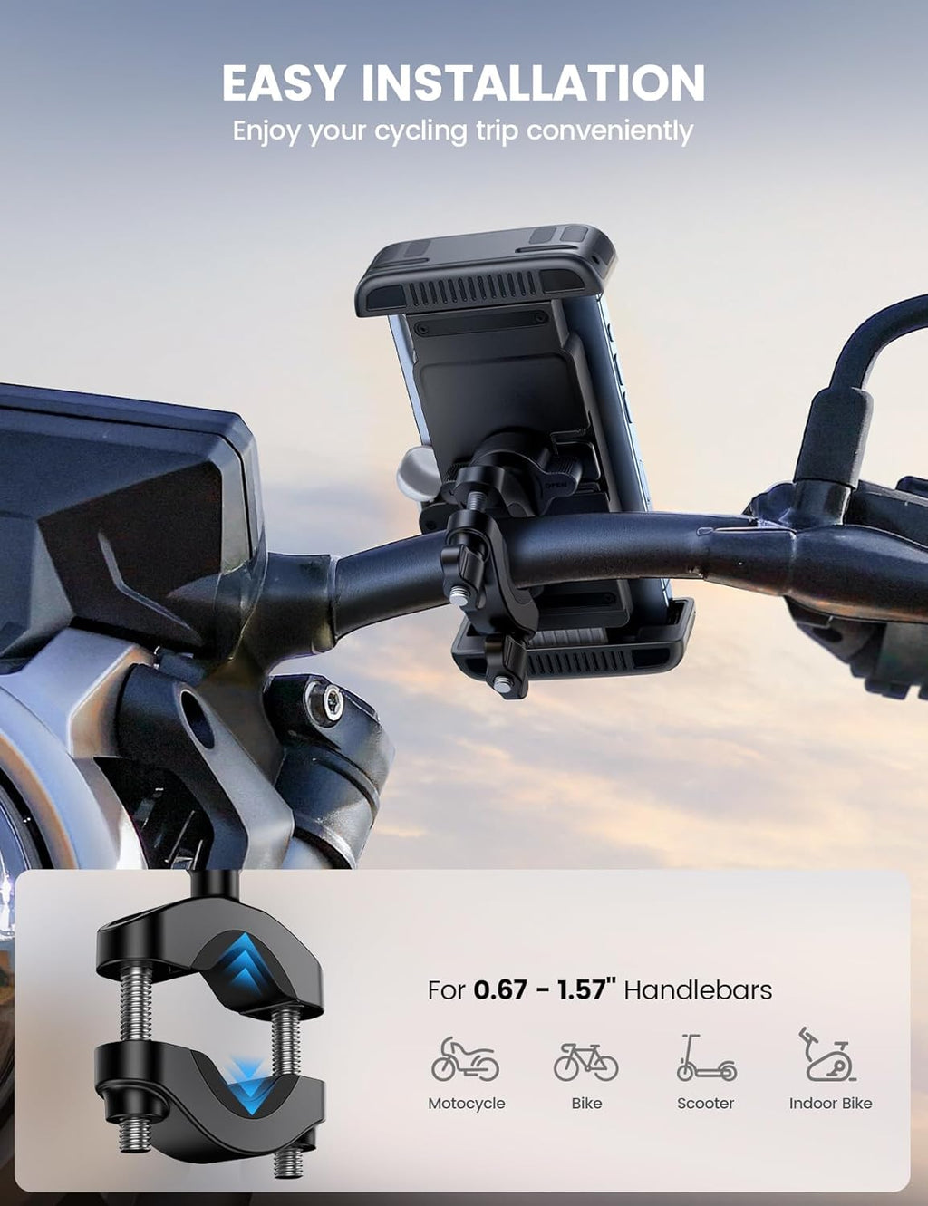 Lamicall Bike Motorcycle Phone Mount - [1s Quick Lock] Bike Cell Phone Holder Clip, Bicycle Scooter Handlebar Clamp, for iPhone Air, 17 16 15 Pro Max, Galaxy S25 S24 Ultra, 6-7.2" Phones