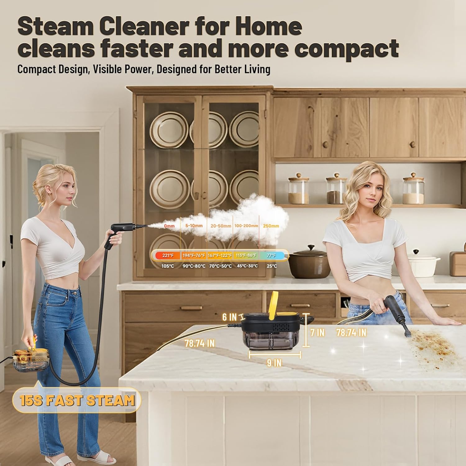 Gautye Steam Cleaner, 3 Level Adjustable Handle, 15s Heat Up, 1.69 Quarts Tank, Portable Steamer for Cleaning with 15 pcs Accessories, Steam Cleaner for Home for Dirt, Grease, Grout, Tile,Floor, Car