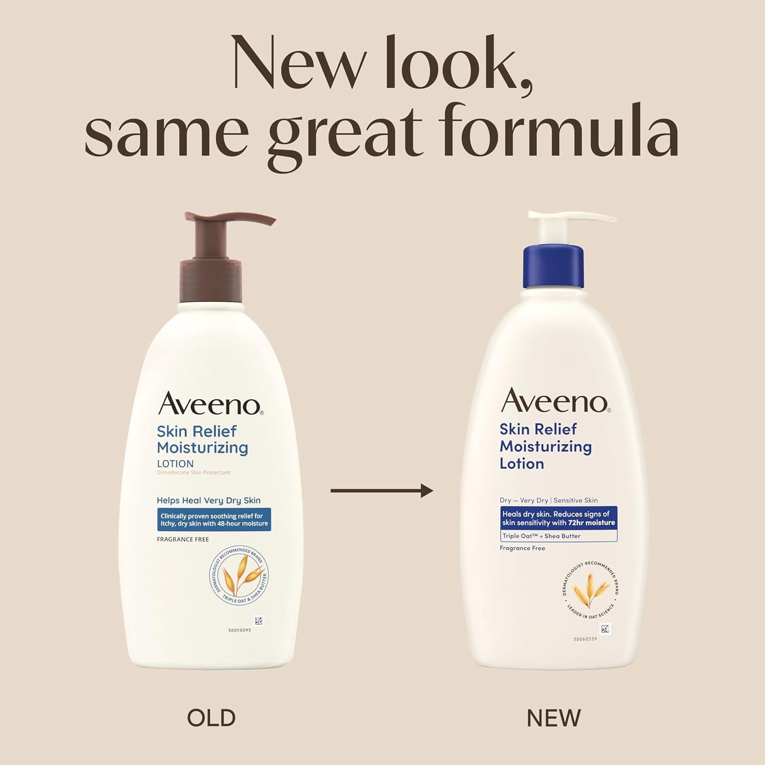 Aveeno Skin Relief Moisturizing Lotion Heals Very Dry, Sensitive Skin, Fast-Absorbing Body Lotion with Soothing Triple Oat & Shea Butter Formula, Fragrance Free, Non-Comedogenic, 18 fl. oz