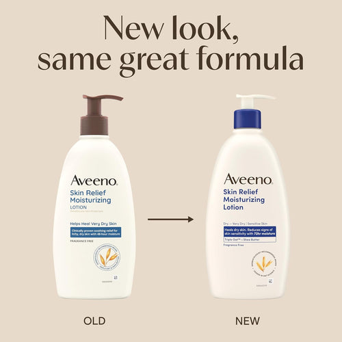 Aveeno Skin Relief Moisturizing Lotion Heals Very Dry, Sensitive Skin, Fast-Absorbing Body Lotion with Soothing Triple Oat & Shea Butter Formula, Fragrance Free, Non-Comedogenic, 18 fl. oz