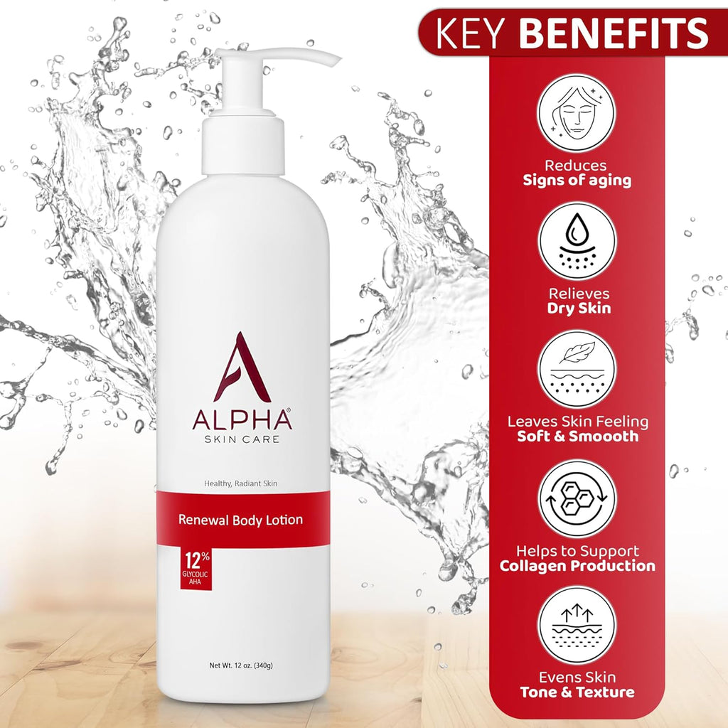 Alpha Skin Care Revitalizing Body Lotion, 12% Glycolic AHA, Simple & Effective Daily Moisturizer with Alpha Hydroxy Acid, Hydrates & Exfoliates for Soft, Smooth Skin, Anti-Aging, 12 Oz