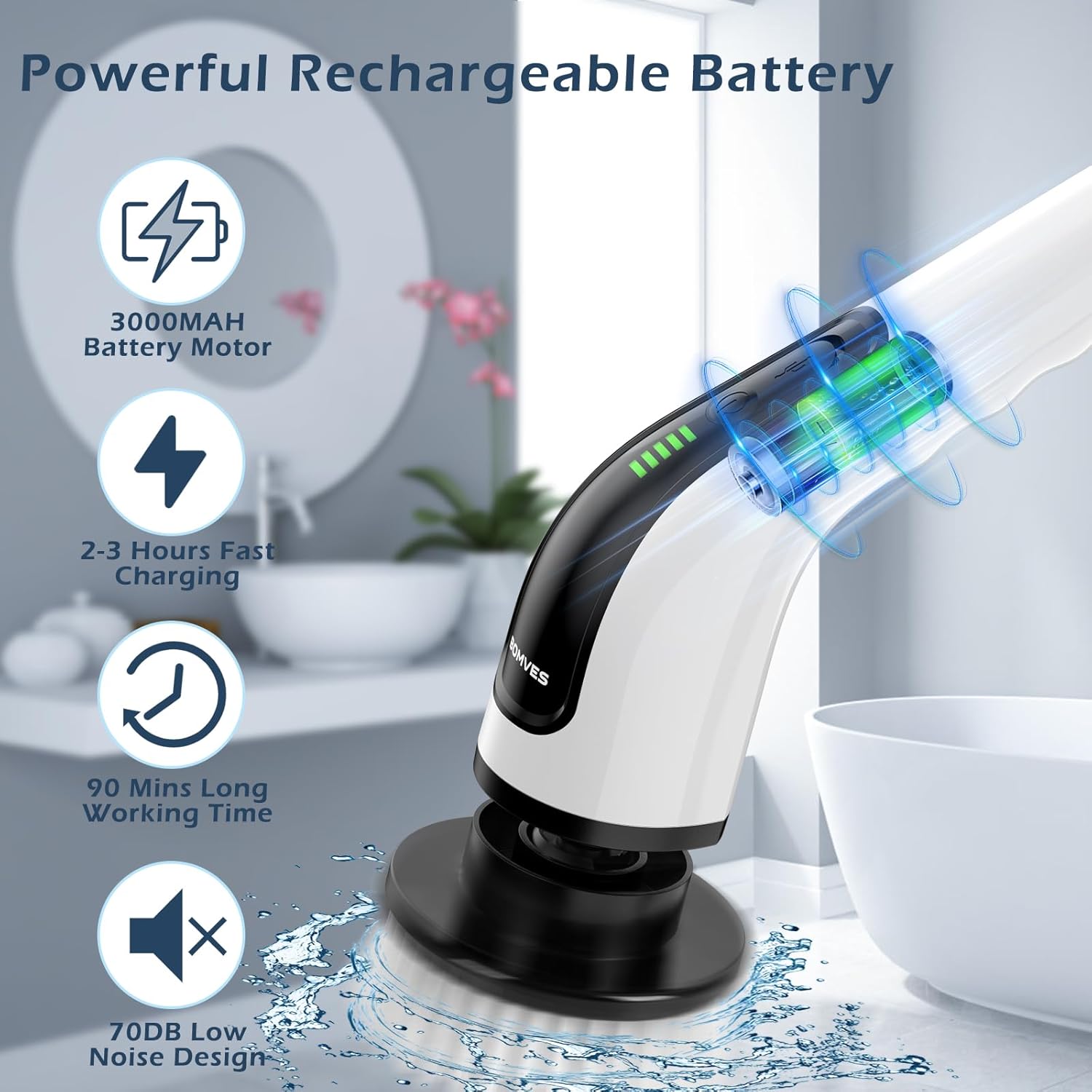Bomves Electric Spin Scrubber, Cordless Cleaning Brush Scrubber for Home, 8 Replaceable Brush Heads-90Mins Work Time, 3 Adjustable Size, 2 Speeds for Bathroom Shower Bathtub Glass Car