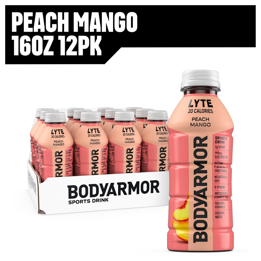 BODYARMOR LYTE, Peach Mango, Electrolyte Drink, 20 Calories, 16 Fl Oz Bottles (12 Pack), Coconut Water Sports Drink, Natural Flavor & B Vitamins