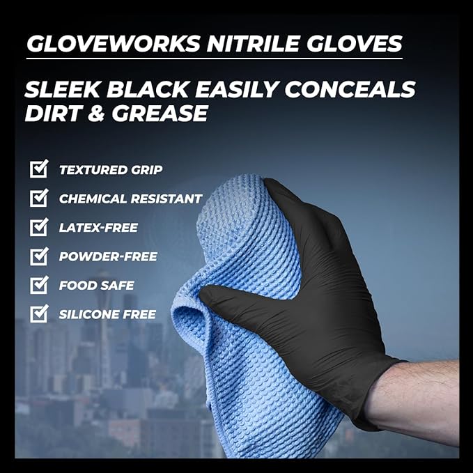GLOVEWORKS Black Nitrile Gloves 5 Mil Disposable, Latex Free, Textured Grip for Food Service, Cooking, Professional Cleaning