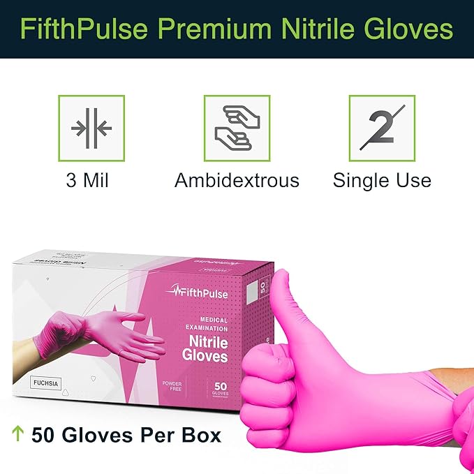 FifthPulse Fuchsia Hot Pink Nitrile Disposable Gloves - 3 Mil Nitrile - Powder and Latex Free - Surgical Medical Exam Gloves