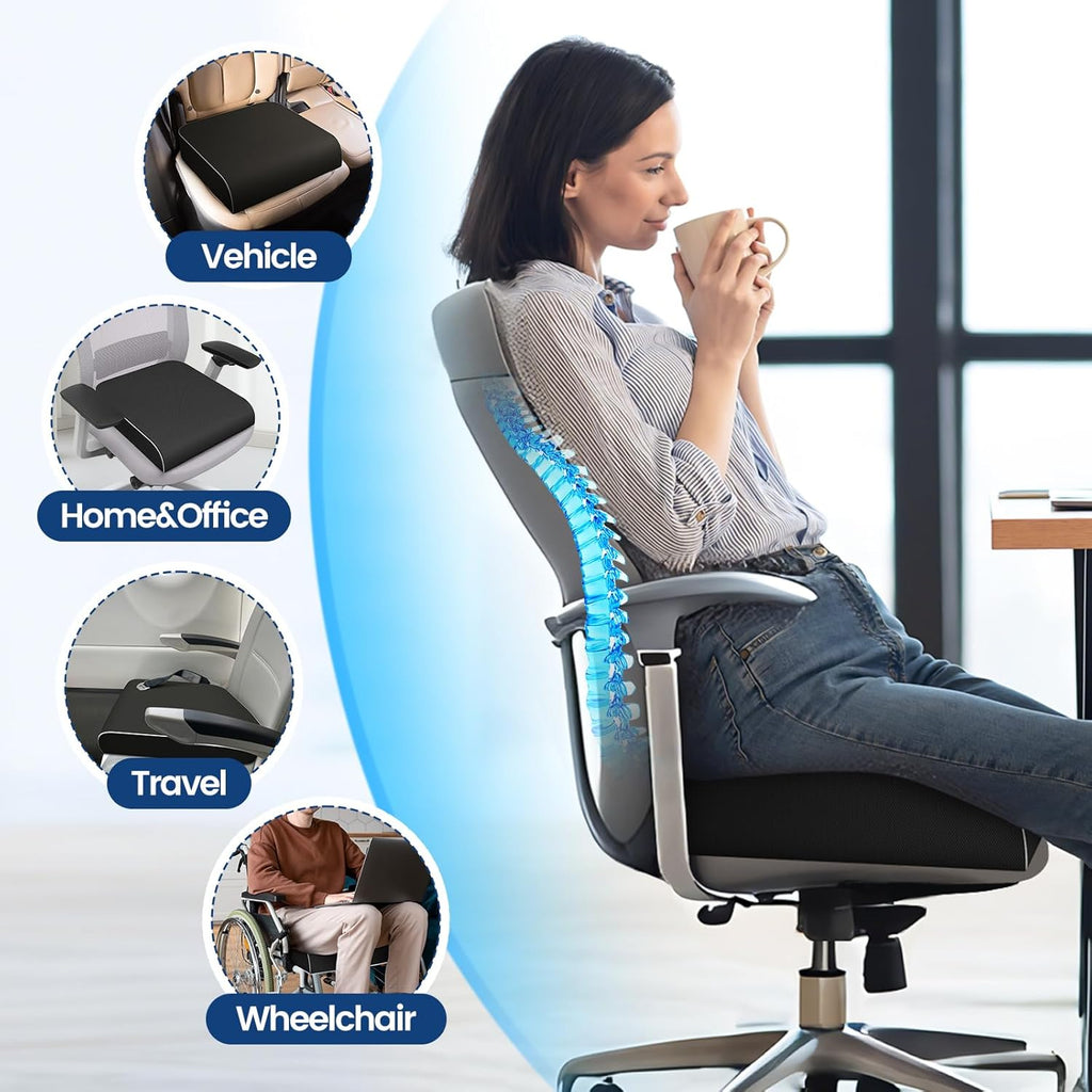 SweetSlubr Seat Cushion for Tailbone Pain Relief, Office Chair Cushion, Memory Foam Large Cushion with Non-Slip Cover for Soft Support at Office Chair, Car Seat, Airplane, Floor Pillow, Black/Large