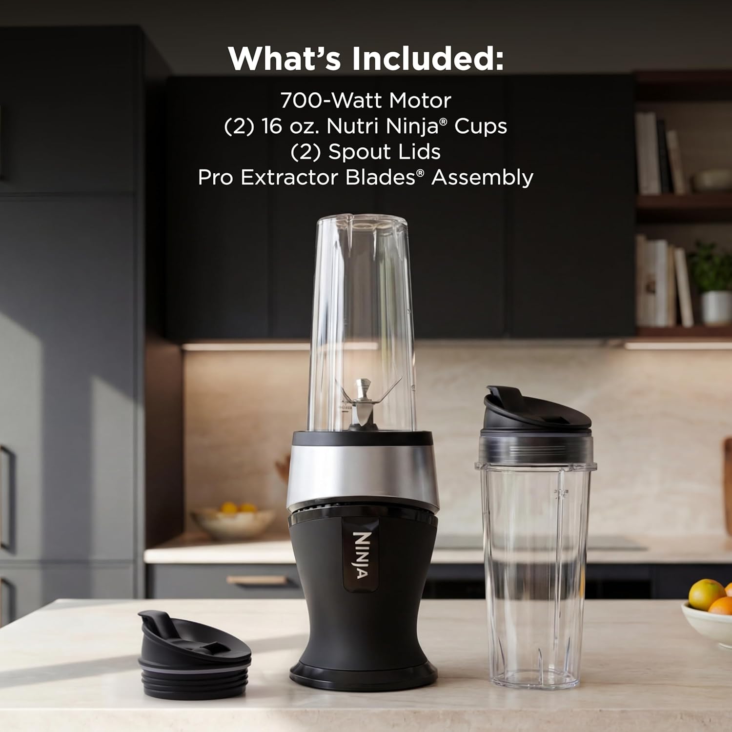 Ninja Fit Compact Personal Blender, Portable Blender for-Smoothies, Shakes, Food Prep, and Frozen Blending, 700-Watt Base, (2) 16-oz. Cups and Spout Lids, Black QB3001SS