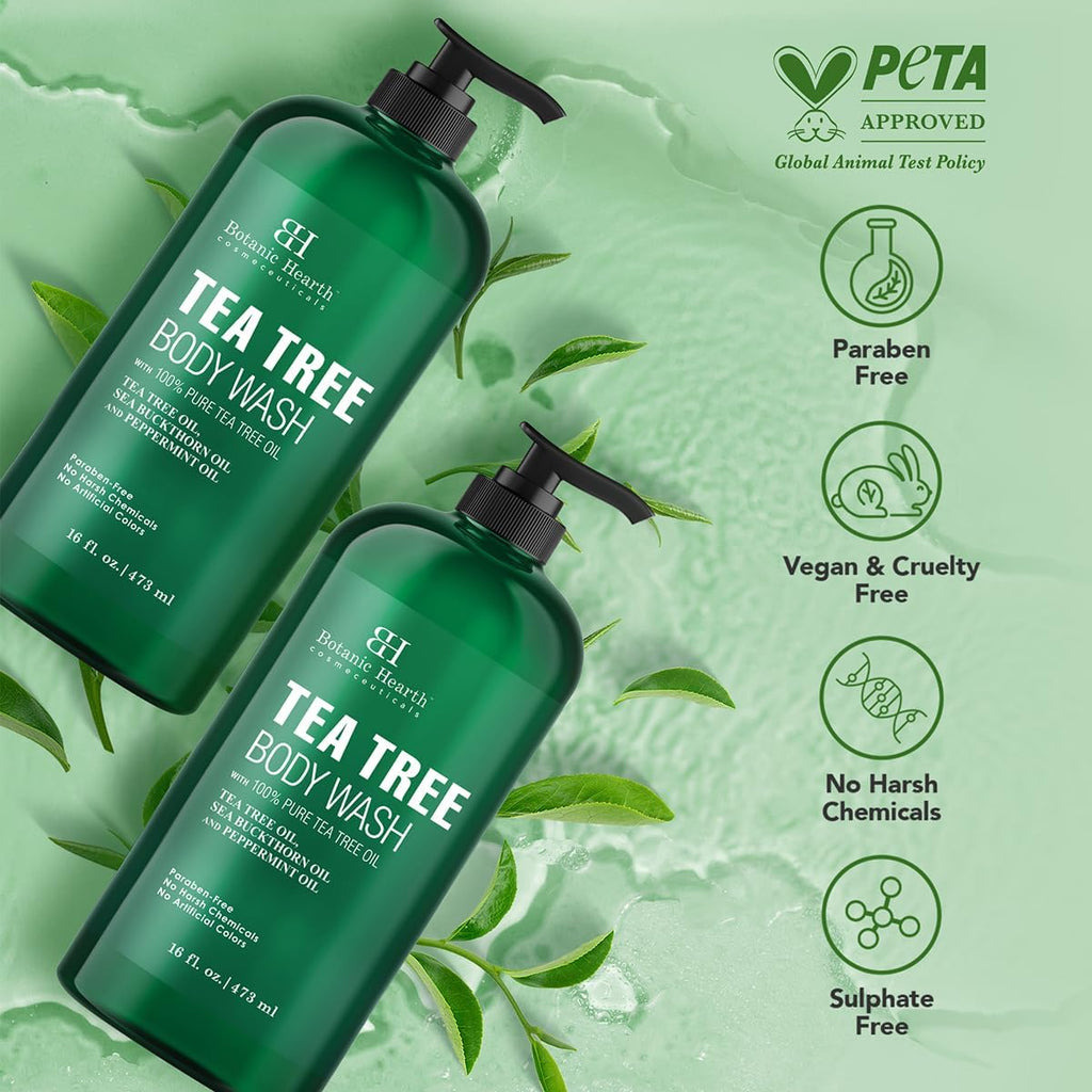 Botanic Hearth Tea Tree Body Wash 16 fl oz (2 Pack) Natural Antifungal & Odor Control Shower Gel for Acne, Athlete’s Foot, Ringworm, Jock Itch, Healthy Skin, Sulfate & Paraben Free, for Men & Women