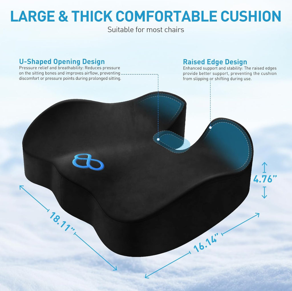 BlissTrends Seat Cushion with Velvet Cover, Thick Memory Foam Cushions for Office Chair, Car Seat, Airplane, Relieving Pressure Tailbone Sciatica Back Pain for Long Sitting, Car Drivers 4.7in Black