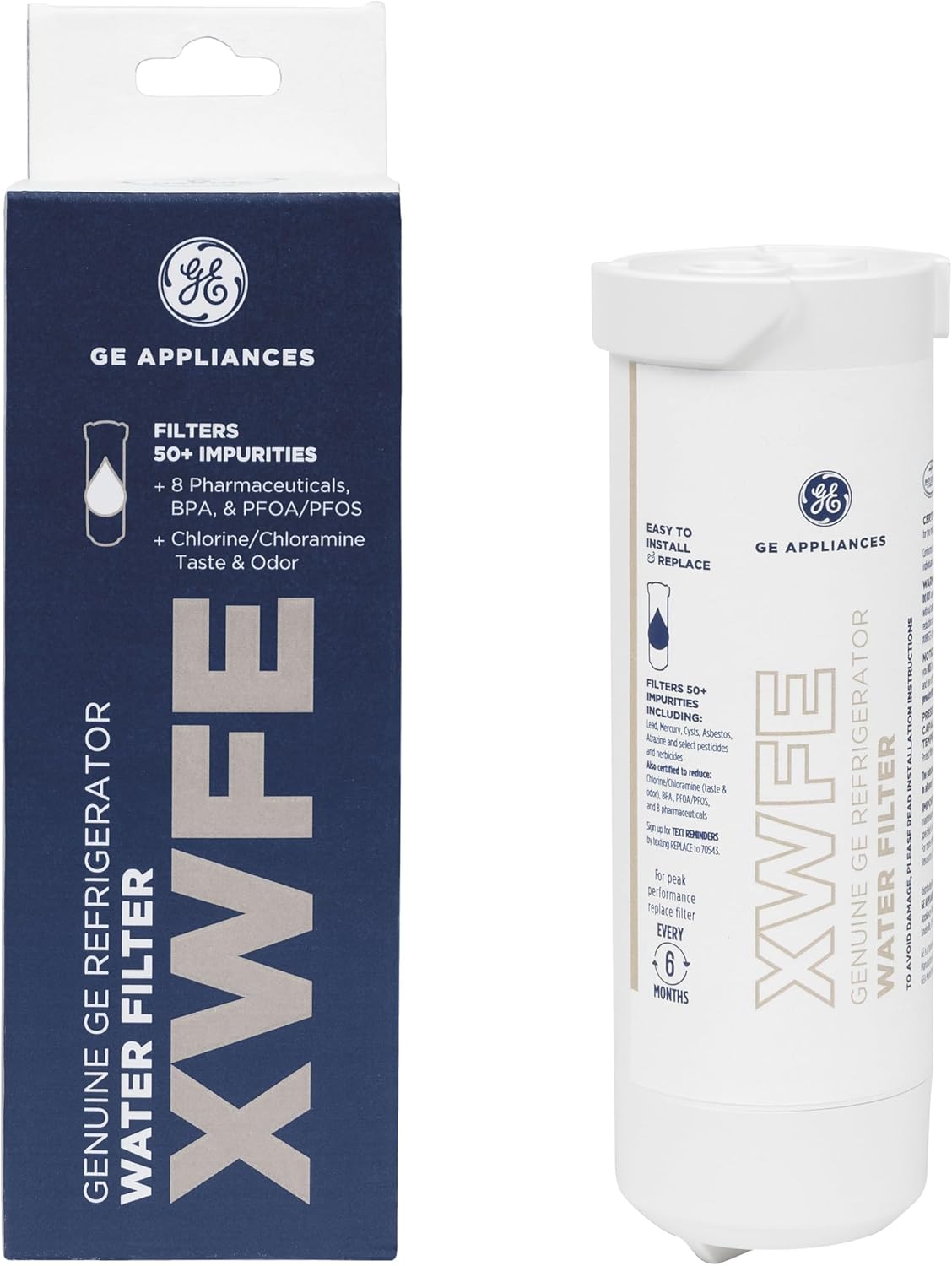 GE XWFE Refrigerator Water Filter, Genuine Replacement Filter, Certified to Reduce Lead, Sulfur, and 50+ Other Impurities, Replace Every 6 Months for Best Results, Pack of 1