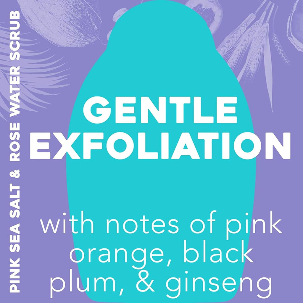OGX Sensitive + Rose Water & Pink Sea Salt Exfoliating Body Scrub + Rose Quartz, Gentle Exfoliating Daily Body Wash Softens Skin, Body Scrub for Women, Sulfate-Free Surfactants, 19.5 fl oz