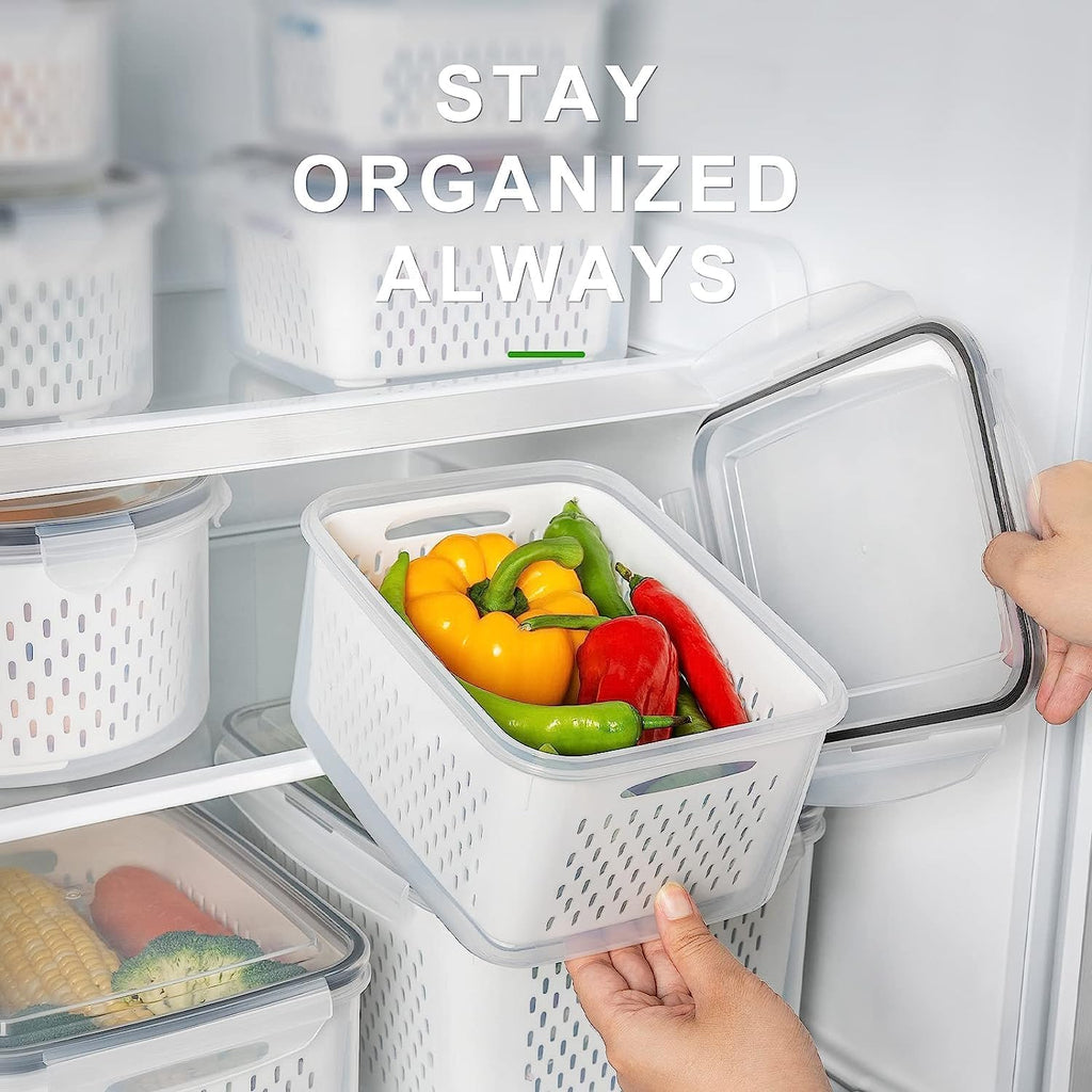 Freshmage Fruit Storage Containers for Fridge with Removable Colander, Airtight Food Storage Container, Dishwasher Safe Produce Saver for Refrigerator, Keep Berry Fruit Fresh Longer 4 pcs Small Clear