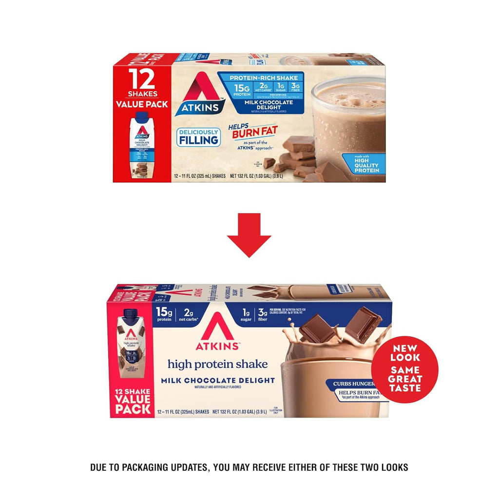 Atkins Milk Chocolate Delight High Protein Shake, 15g Protein, 2g Net Carb, 1g Sugar, Keto Friendly, Chocolate Flavored Protein Shakes, 12 Count