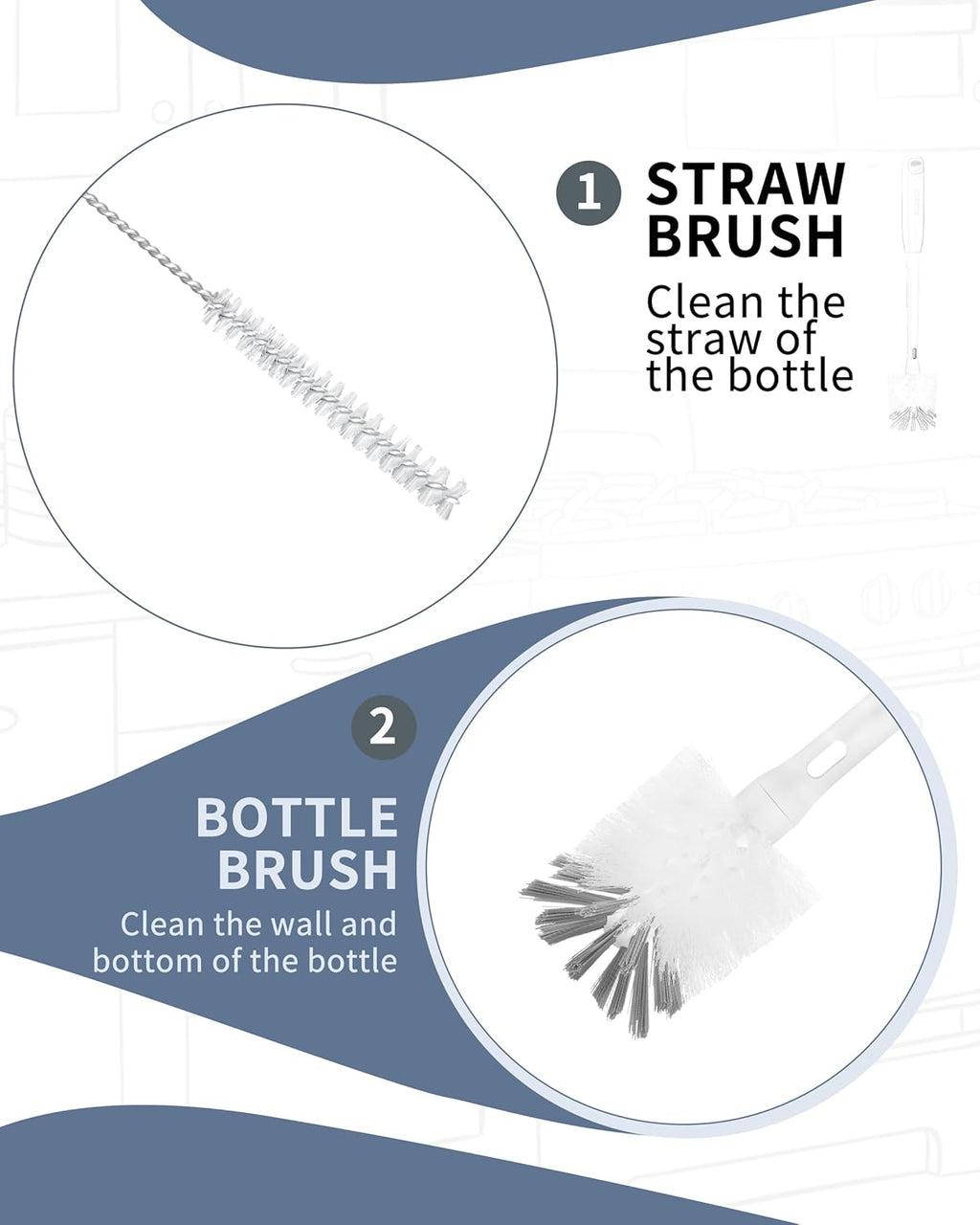 ROSEOK 2 in 1 Long Handle Bottle Brush with Straw Brush for Cleaning Glass, Sports Bottle, Coffee Mug,Navy Blue,1 Pack