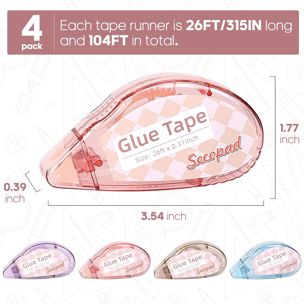 Secopad Scrapbook Tape, 4 Pack Double Sided Tape Roller for Crafts, Adhesive Glue Runner Scrapbooking Supplies Journaling School Office Teacher Supplies, 0.3IN x 26FT, Clear Light-Colored Shell
