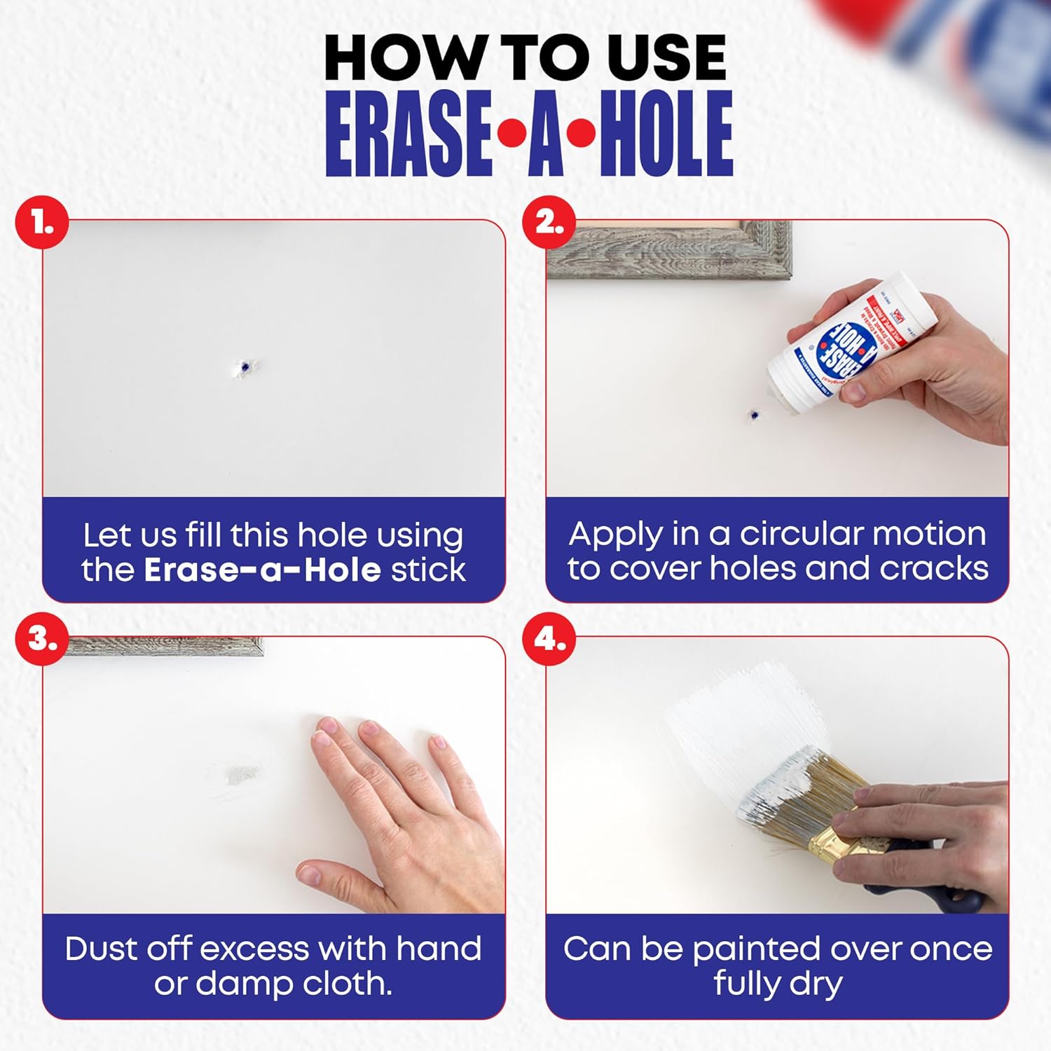 Erase-A-Hole Wall Repair Stick – Quick-Dry Nail & Screw Hole Filler for Drywall, Wood & Plaster – No Sand Spackle Alternative, Paintable Putty, 4.5 oz