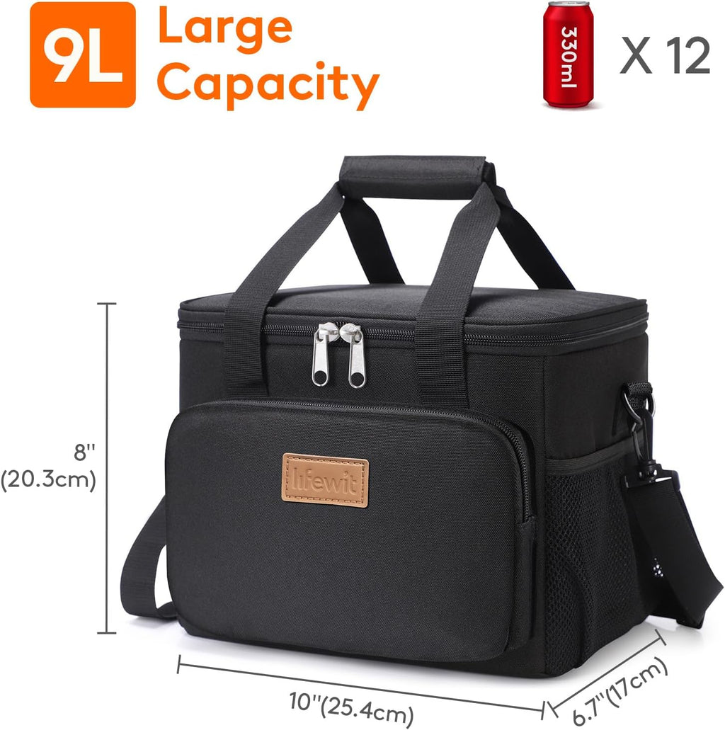 Lifewit Medium Lunch Bag, Insulated Lunch Box, Soft Cooler Cooling Tote for Adult Men Women, Black 12-Can (9L)