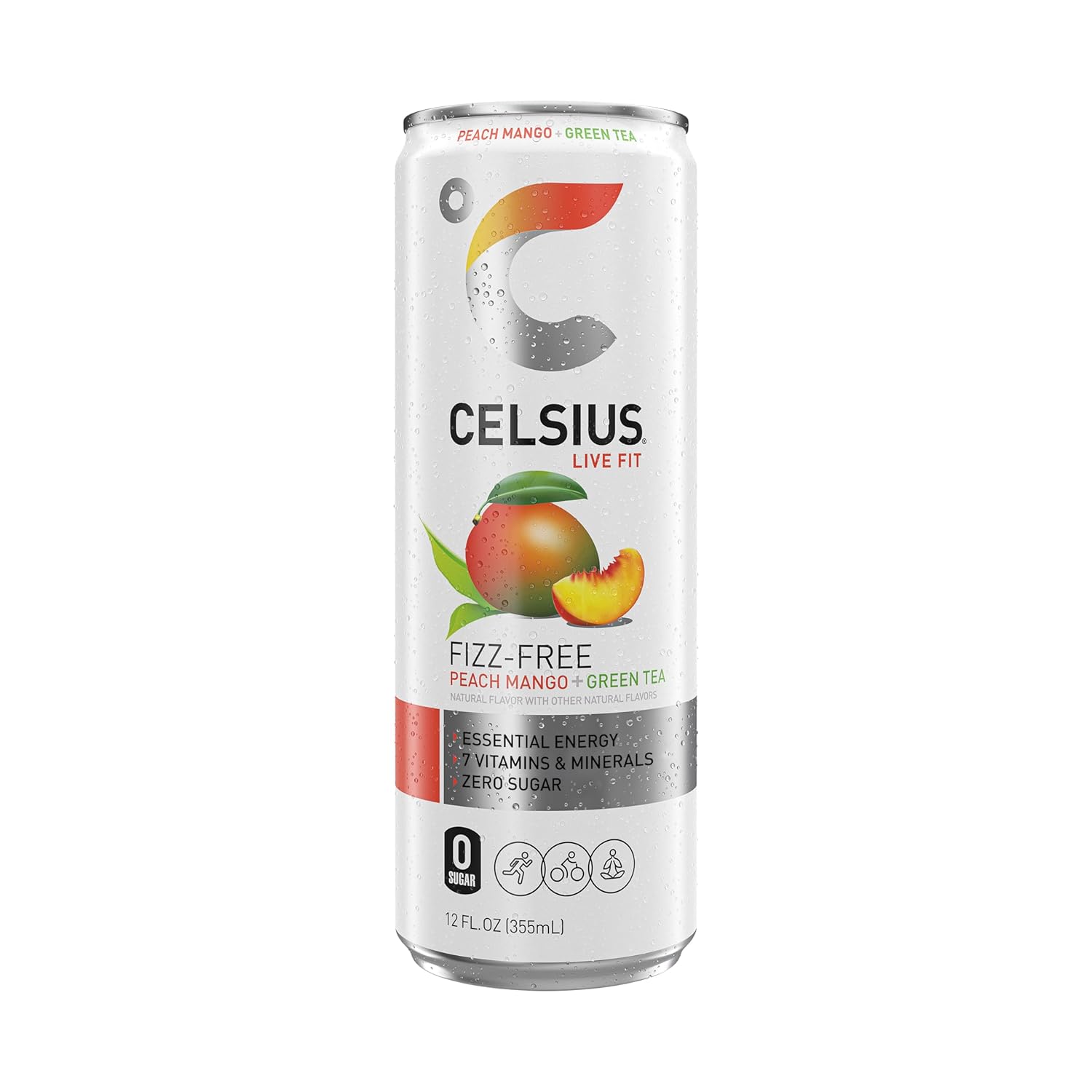 CELSIUS Fizz Free Peach Mango Green Tea, Sugar Free Energy Drink, 12 Fl Oz (Pack of 12)