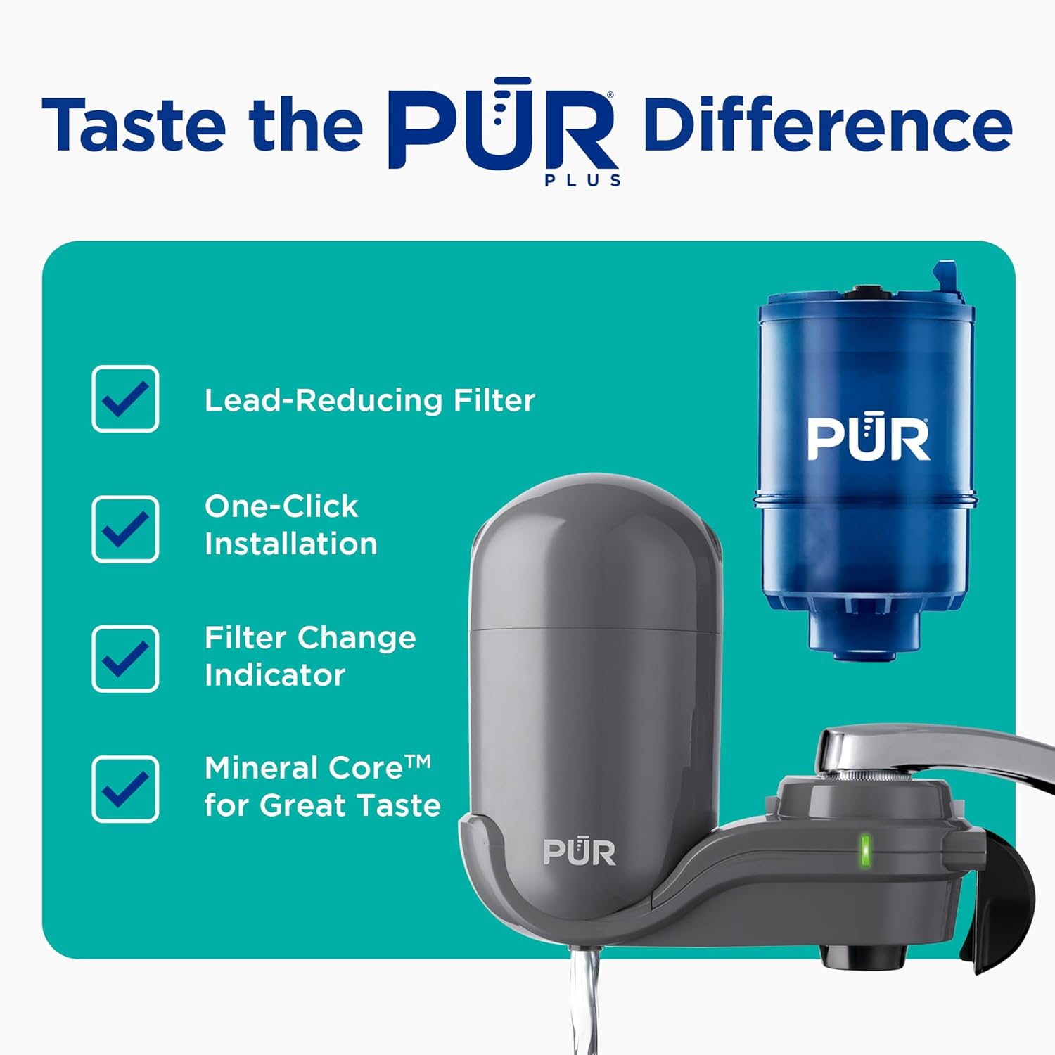 PUR Plus Vertical Faucet-Mount Water Filtration System, Lead-Reducing Filter, Easy Installation, 100-Gallon Capacity, Compatible with External Aerators, Grey