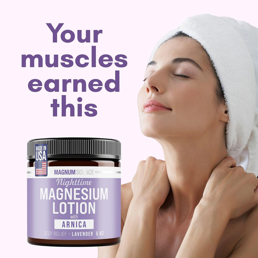 Magnum Solace Nighttime Magnesium Lotion with Arnica – Highly Concentrated Magnesium for Muscles & Joints – Apply to Legs or Feet Before Bed – Skin-Friendly