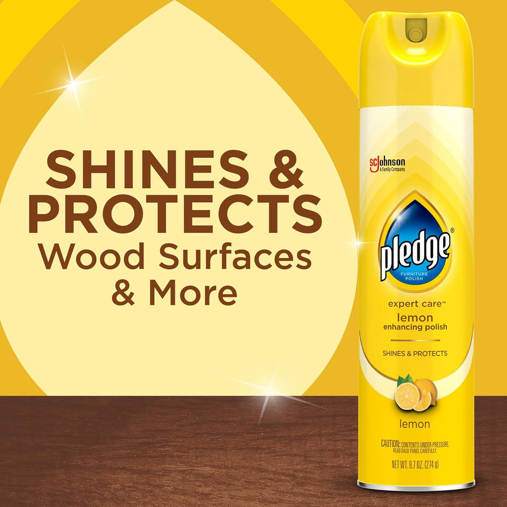 Pledge Enhancing Polish Spray, Wood Furniture & Stainless Steel Polish, Remove Dust and Fingerprints, Fast Shine and Protect, Prevent Scratches & Knicks - Lemon Scent, 9.7oz, Pack of 3