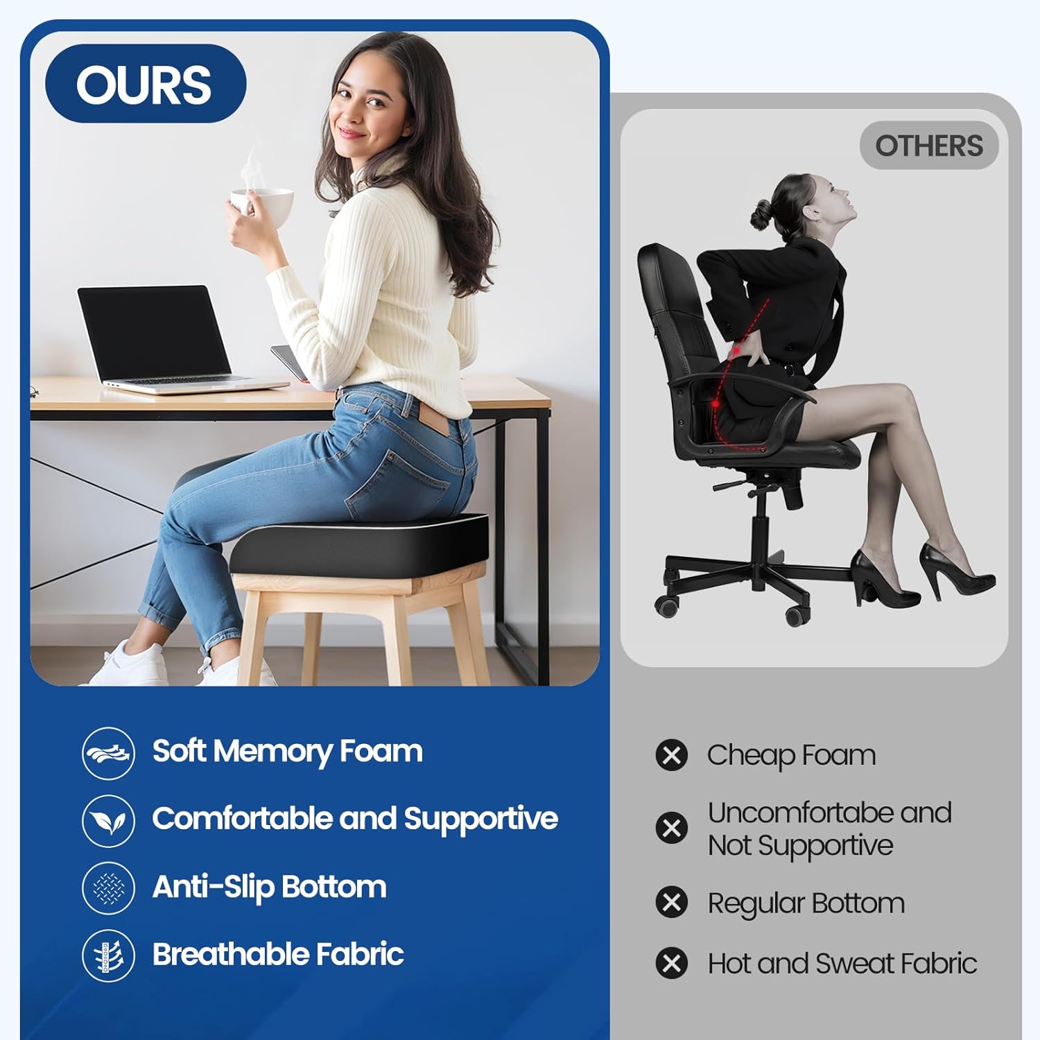 SweetSlubr Seat Cushion for Tailbone Pain Relief, Office Chair Cushion, Memory Foam Large Cushion with Non-Slip Cover for Soft Support at Office Chair, Car Seat, Airplane, Floor Pillow, Black/Large