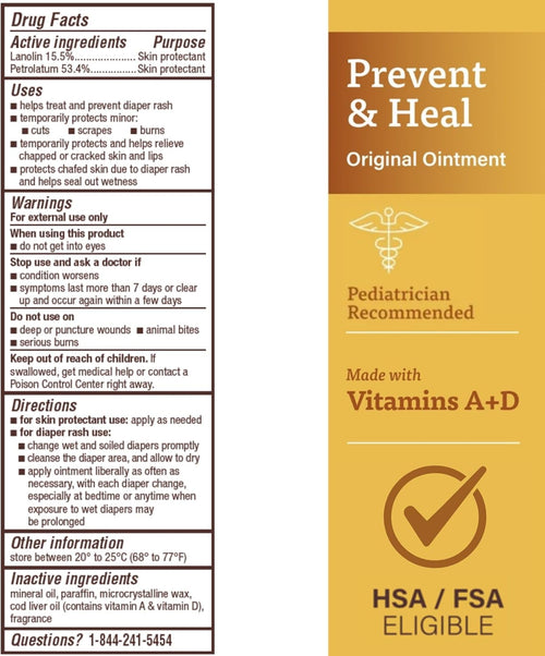 A+D Original Diaper Rash Ointment Prevents & Treats Diaper Rash, Moisturizing Skin Protectant with Vitamins A & D, Healing Skin Ointment for Dry and Cracked Skin 4oz