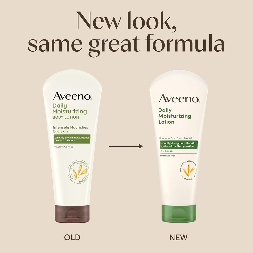 Aveeno Daily Moisturizing Body Lotion, Body Lotion for Dry Skin with Prebiotic Oat, Paraben Free, Fragrance Free, Non-Greasy, Non-Comedogenic Moisturizer, 8 FL OZ