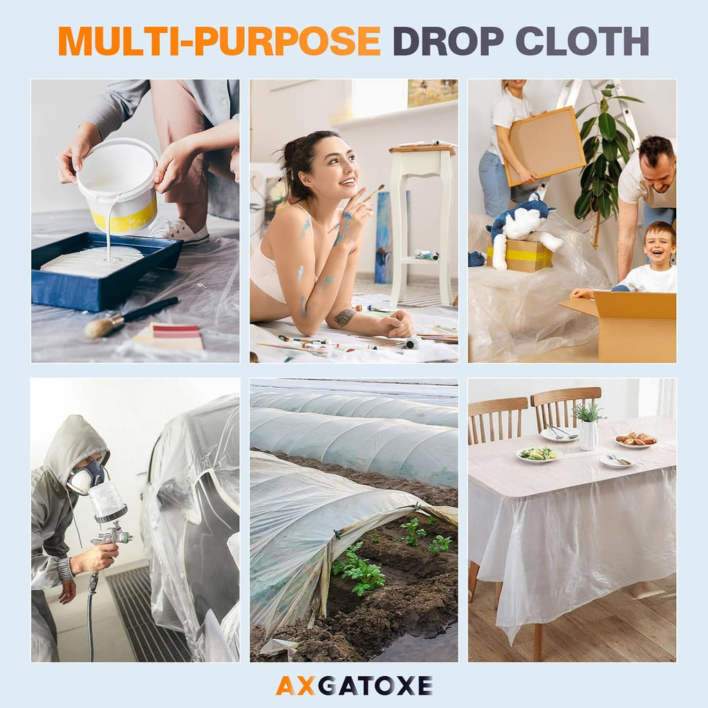 12 x 9 Ft Plastic Drop Cloths (6-Pack) - Disposable Painter's Sheeting & Tarps for Painting, Waterproof Furniture/Couch/Floor Protection