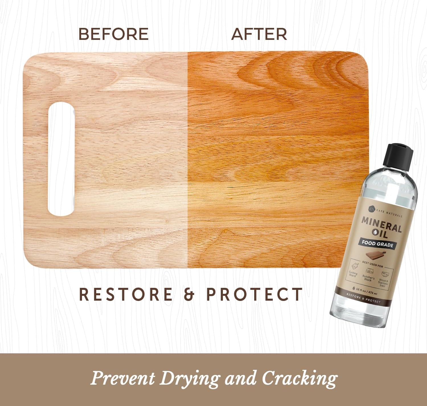 Kate Naturals Mineral Oil for Wood Cutting Board, Butcher Block, and Knife. Food Grade Mineral Oil for Wooden Cutting Board & Utensils (8oz, Food Safe)